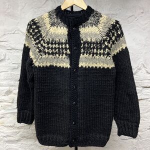 Vtg 60s 70s Hand Knit Chunky WOOL Handmade Black Sweater CARDIGAN Button Small